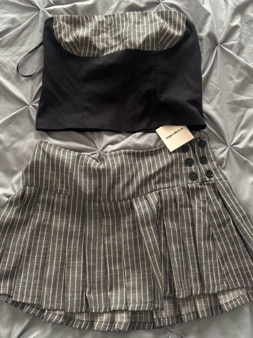 superdown Black Strapless Bustier with Gray Pinstripe Pleated Skirt